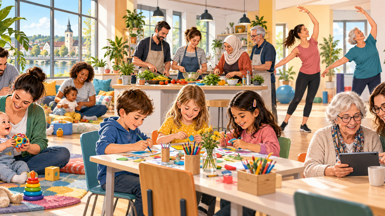 Comicillustration mit Menschen verschiedener Generationen bei Angeboten der Familienbildungsstätte: Eltern mit Babys, bastelnde Kinder, Erwachsene beim Kochen und Tanzen sowie eine Seniorin bei einem Tablet-Kurs.