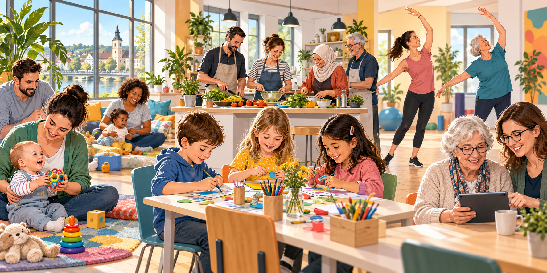 Comicillustration mit Menschen verschiedener Generationen bei Angeboten der Familienbildungsstätte: Eltern mit Babys, bastelnde Kinder, Erwachsene beim Kochen und Tanzen sowie eine Seniorin bei einem Tablet-Kurs.