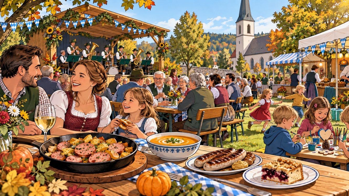 Comicillustration des Oktoberfestes auf der Pfarrwies’n St. Marien Reisbach mit Musikverein, Familien an Festtischen, saarländischen Speisen und einem Mitmachangebot für Kinder.
