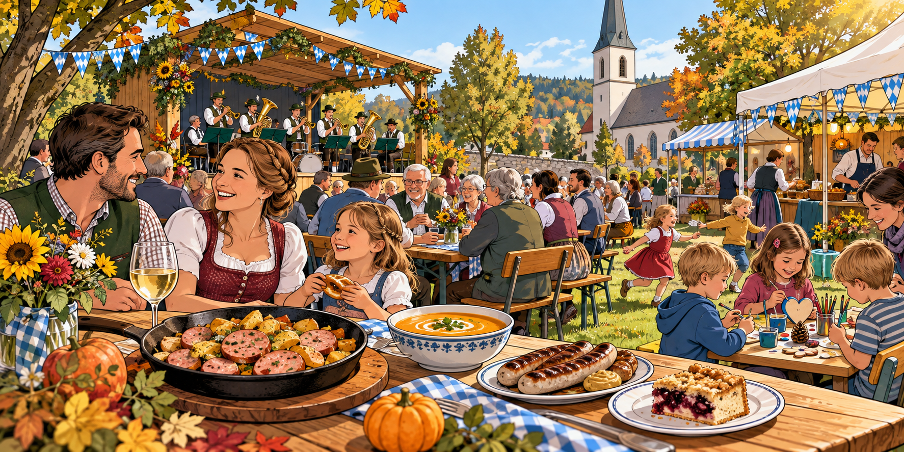 Artikelbild Oktoberfest Reisbach KI (c) Pfarrei Saarwellingen St. Josef Comicillustration des Oktoberfestes auf der Pfarrwies’n St. Marien Reisbach mit Musikverein, Familien an Festtischen, saarländischen Speisen und einem Mitmachangebot für Kinder.