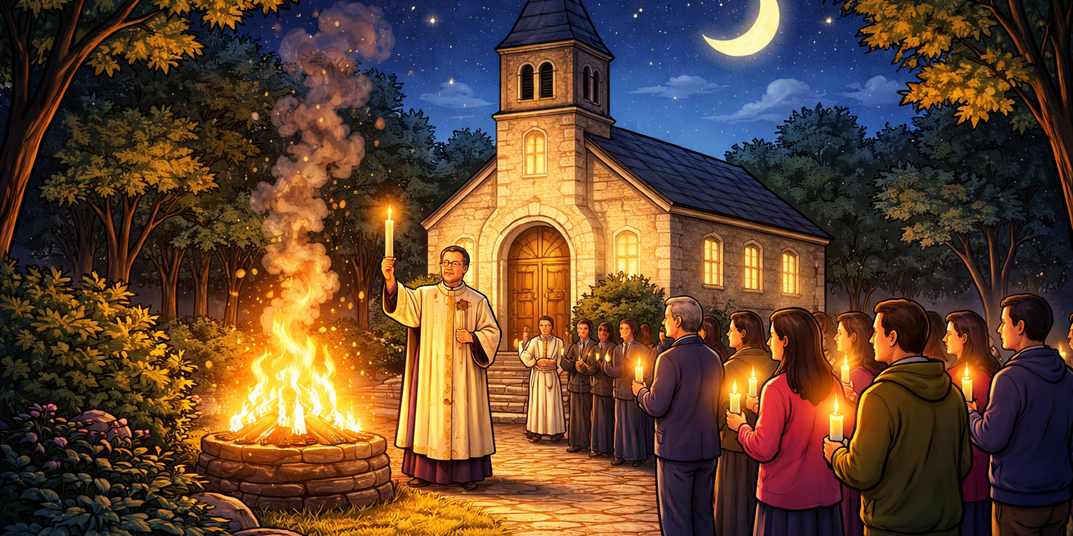 Nächtliche Osternachtsfeier vor einer beleuchteten Kirche: Ein Priester steht neben einem Feuer und hält eine Kerze, während eine Gruppe von Menschen mit brennenden Kerzen dem Gottesdienst folgt. Über der Szene leuchtet ein Sternenhimmel mit Halbmond.