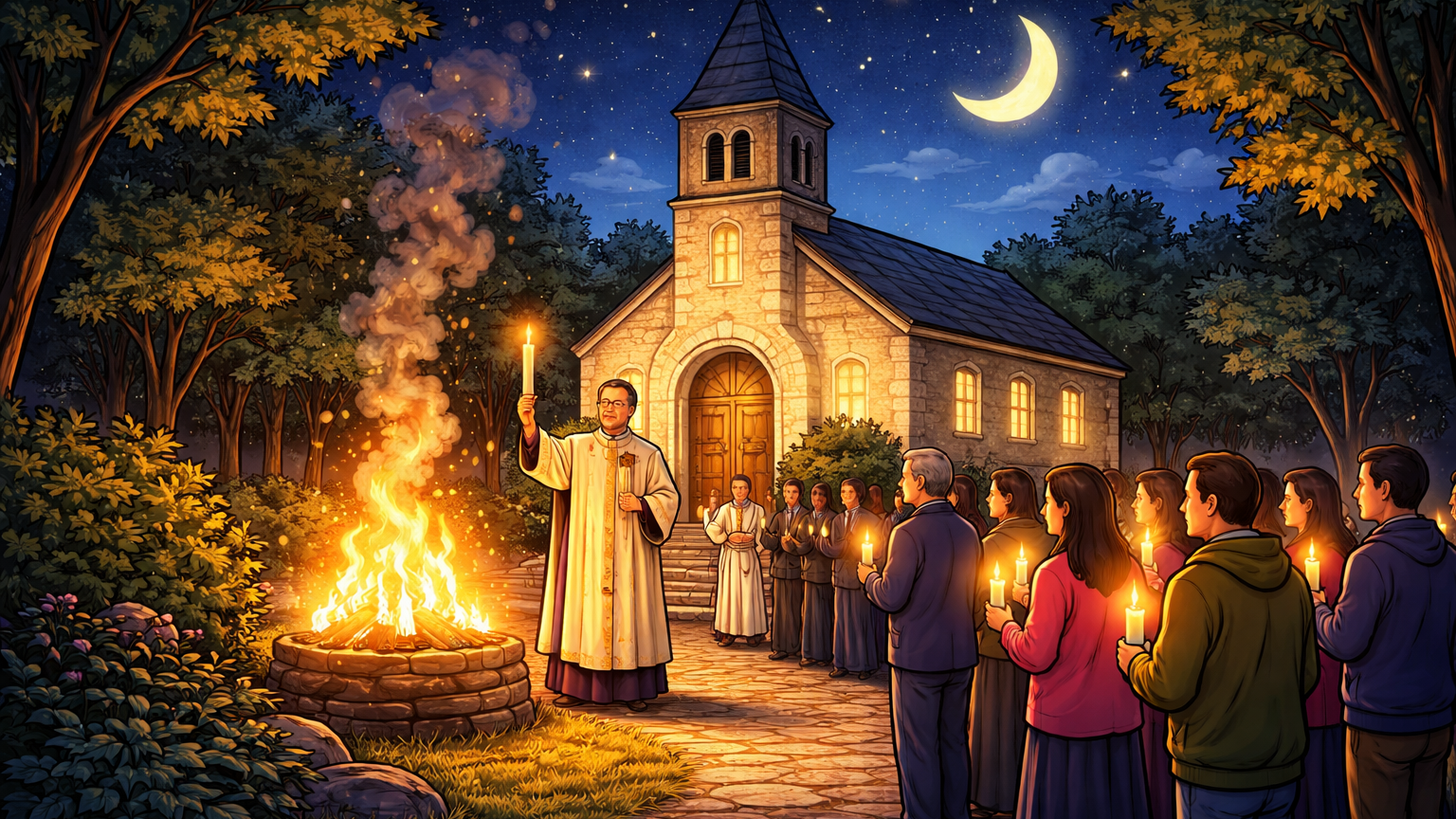 Nächtliche Osternachtsfeier vor einer beleuchteten Kirche: Ein Priester steht neben einem Feuer und hält eine Kerze, während eine Gruppe von Menschen mit brennenden Kerzen dem Gottesdienst folgt. Über der Szene leuchtet ein Sternenhimmel mit Halbmond.