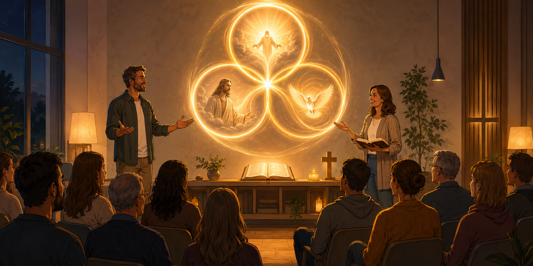 Comicartige Darstellung einer christlichen Vortragsveranstaltung. Zwei Vortragende stehen vor einem sitzenden Publikum. Hinter ihnen leuchten drei miteinander verbundene Kreise als Symbol der Dreieinigkeit mit Jesus, einer Taube und einer strahlenden göttlichen Gestalt. Ein offenes Bibelbuch und ein Kreuz ergänzen die warme, spirituelle Szene. (c) Pfarrei Saarwellingen St. Josef Comicartige Darstellung einer christlichen Vortragsveranstaltung. Zwei Vortragende stehen vor einem sitzenden Publikum. Hinter ihnen leuchten drei miteinander verbundene Kreise als Symbol der Dreieinigkeit mit Jesus, einer Taube und einer strahlenden göttlichen Gestalt. Ein offenes Bibelbuch und ein Kreuz ergänzen die warme, spirituelle Szene.