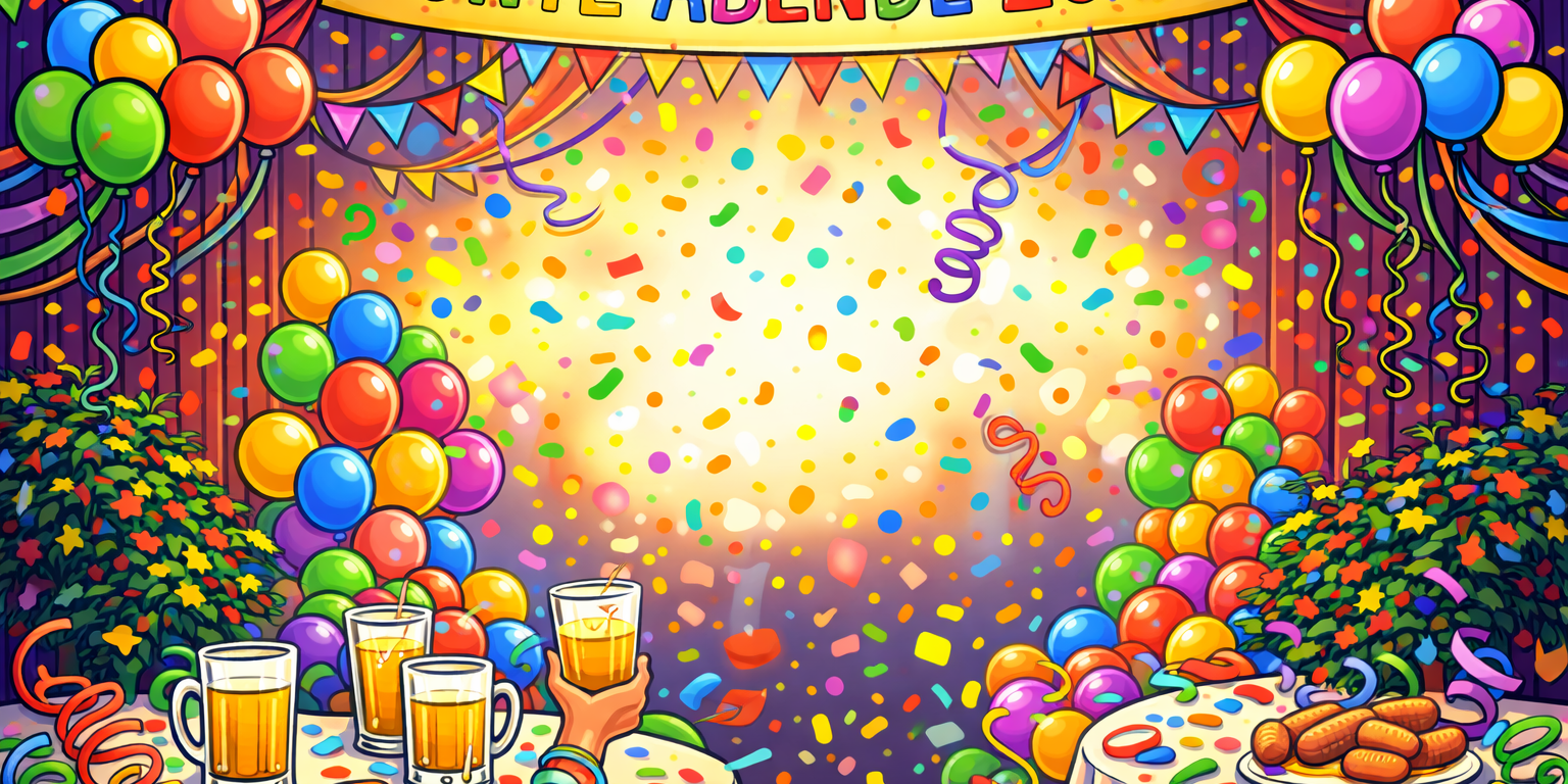 Abstrakte, farbenfrohe Illustration einer festlichen Abendveranstaltung: Bunte Luftballons, Girlanden und Konfetti füllen den Raum. Zwei festlich gedeckte Tische mit Getränken und kleinen Speisen stehen im Vordergrund. Die Szene vermittelt ausgelassene Stimmung und lädt zu einem geselligen Abend ein, ohne dargestellte Personen.