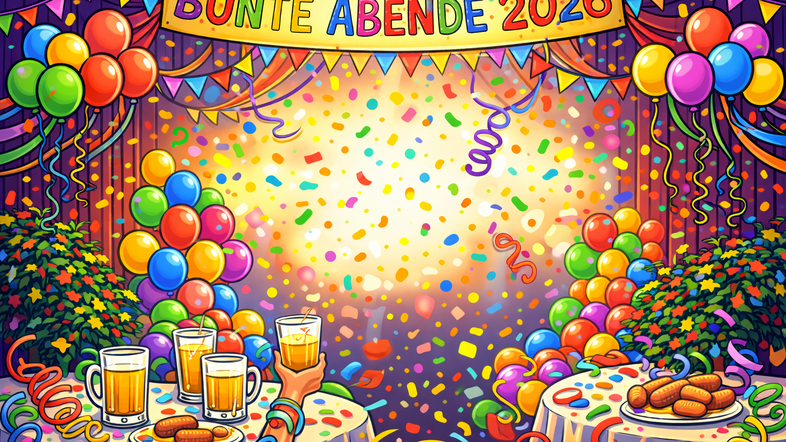 Abstrakte, farbenfrohe Illustration einer festlichen Abendveranstaltung: Bunte Luftballons, Girlanden und Konfetti füllen den Raum. Zwei festlich gedeckte Tische mit Getränken und kleinen Speisen stehen im Vordergrund. Die Szene vermittelt ausgelassene Stimmung und lädt zu einem geselligen Abend ein, ohne dargestellte Personen.