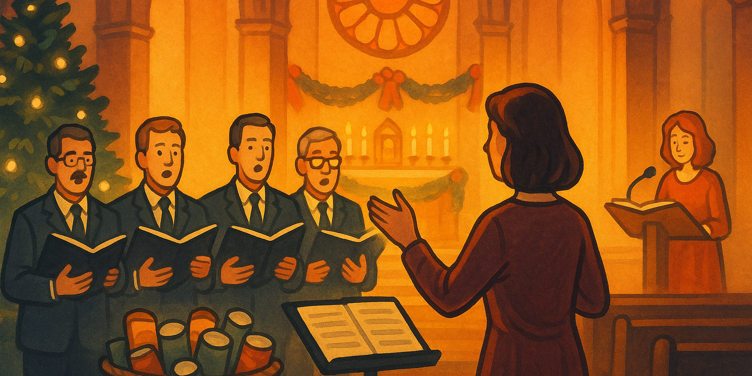 Eine warme, stimmungsvolle Comicillustration zeigt das vorweihnachtliche Abendlob in der Kirche St. Bartholomäus. Im Vordergrund dirigiert eine Frau den Männergesangverein Schwarzenholz, der aus vier Sängern in dunklen Anzügen besteht. Hinter ihnen steht ein leuchtend geschmückter Weihnachtsbaum. Im Hintergrund sind der hell erstrahlte Altarraum, Kerzen, Girlanden und ein rundes, farbiges Kirchenfenster zu sehen. Rechts am Ambo steht eine Frau, die den literarischen Teil des Abendlobs moderiert. Das gesamte Bild vermittelt eine festliche, warme Adventsstimmung.