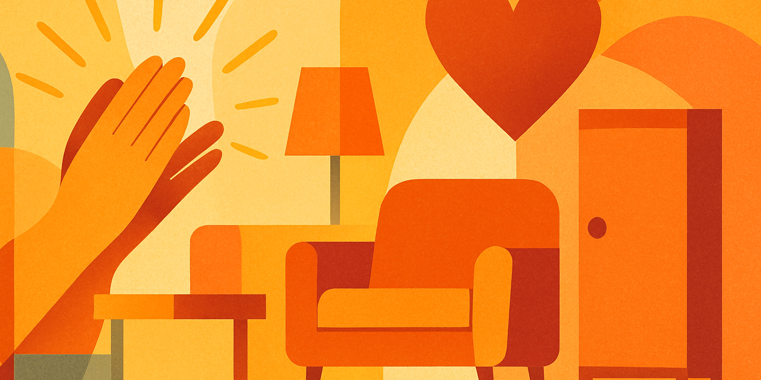 Ein abstraktes, warmfarbenes Illustrationsbild in Orange- und Gelbtönen, das Möbel wie ein Sofa, eine Lampe, einen kleinen Tisch und einen Schrank in stilisierten, geometrischen Formen zeigt. Darüber liegen weiche, organische Flächen, die eine freundliche Atmosphäre erzeugen. Keine Personen dargestellt.