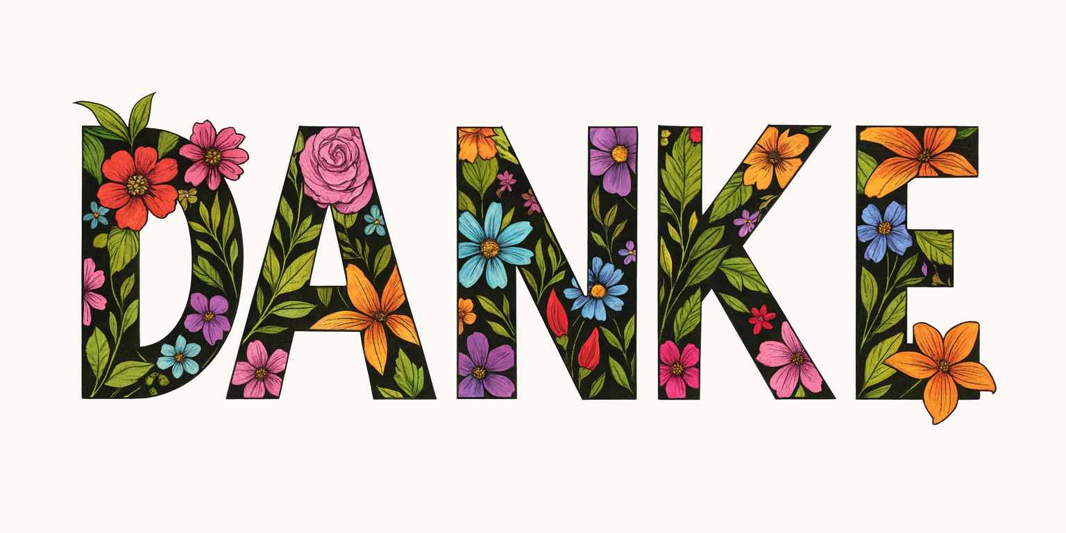 Grafik mit dem Wort ‚DANKE‘ in großen, schwarzen Blockbuchstaben. Die Buchstaben sind mit bunten Blumen, Blättern und Blütenmustern in kräftigen Farben wie Rot, Orange, Blau, Lila und Grün ausgefüllt. Hintergrund weiß.