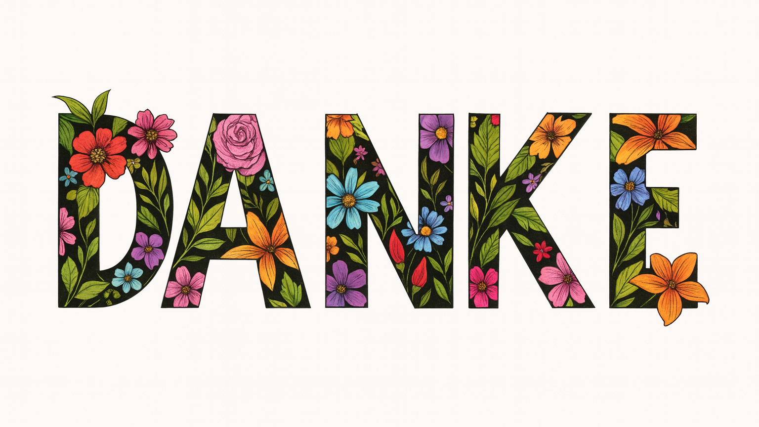 Grafik mit dem Wort ‚DANKE‘ in großen, schwarzen Blockbuchstaben. Die Buchstaben sind mit bunten Blumen, Blättern und Blütenmustern in kräftigen Farben wie Rot, Orange, Blau, Lila und Grün ausgefüllt. Hintergrund weiß.