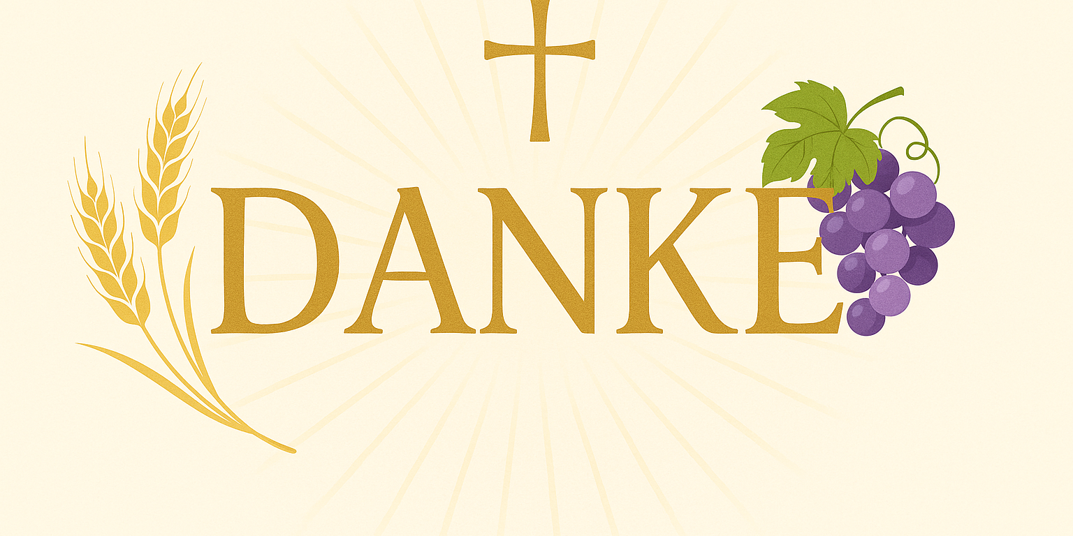 Grafik mit dem Wort ‚DANKE‘ in goldbraunen Buchstaben auf hellem Hintergrund. Über dem Wort ein schlichtes goldenes Kreuz, links goldene Ähren, rechts eine Traube mit grünen Blättern. Hinter dem Schriftzug strahlen feine Lichtlinien (c) Pfarrei St. Josef Saarwellingen Grafik mit dem Wort ‚DANKE‘ in goldbraunen Buchstaben auf hellem Hintergrund. Über dem Wort ein schlichtes goldenes Kreuz, links goldene Ähren, rechts eine Traube mit grünen Blättern. Hinter dem Schriftzug strahlen feine Lichtlinien