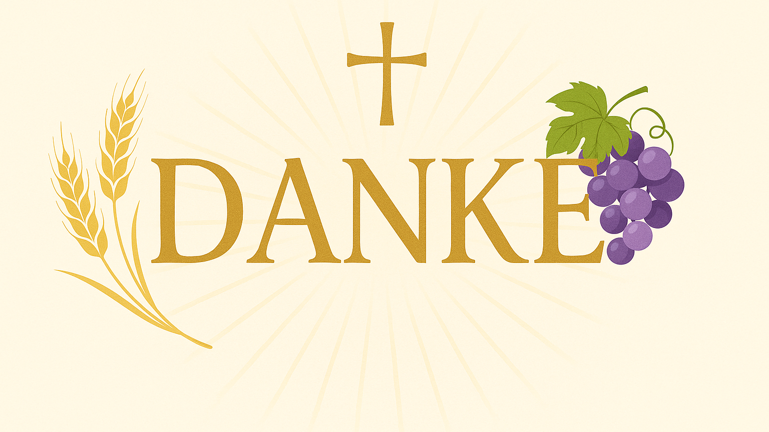 Grafik mit dem Wort ‚DANKE‘ in goldbraunen Buchstaben auf hellem Hintergrund. Über dem Wort ein schlichtes goldenes Kreuz, links goldene Ähren, rechts eine Traube mit grünen Blättern. Hinter dem Schriftzug strahlen feine Lichtlinien