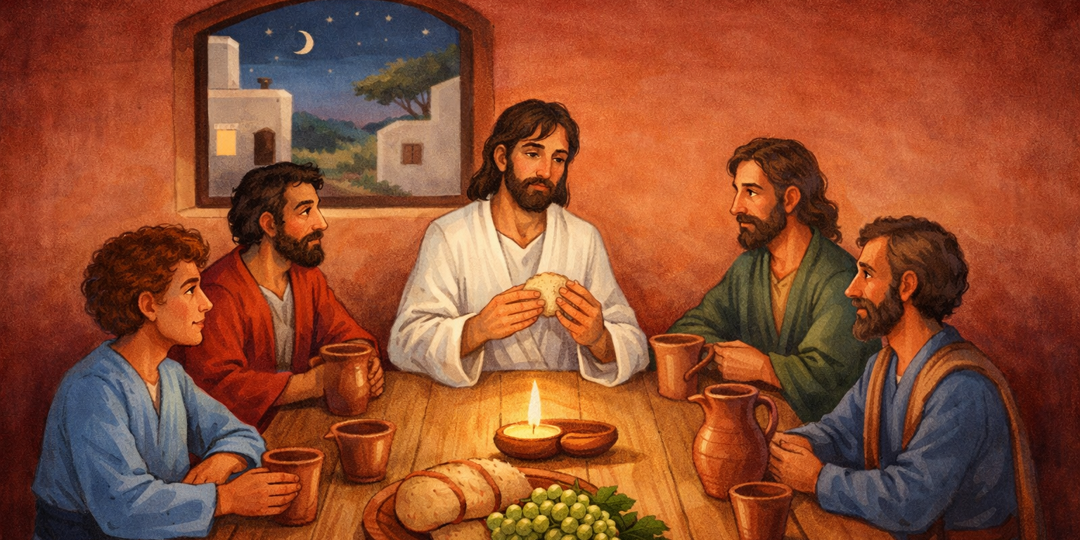 Illustration im warmen, rötlichen Farbstil: Jesus sitzt in der Mitte eines Tisches und teilt Brot mit seinen Jüngern. Die Szene erinnert an das letzte Abendmahl und vermittelt eine ruhige, würdige Atmosphäre mit Fokus auf Gemeinschaft, Eucharistie und Erstkommunion. (c) Pfarrei Saarwellingen St. Josef Illustration im warmen, rötlichen Farbstil: Jesus sitzt in der Mitte eines Tisches und teilt Brot mit seinen Jüngern. Die Szene erinnert an das letzte Abendmahl und vermittelt eine ruhige, würdige Atmosphäre mit Fokus auf Gemeinschaft, Eucharistie und Erstkommunion.