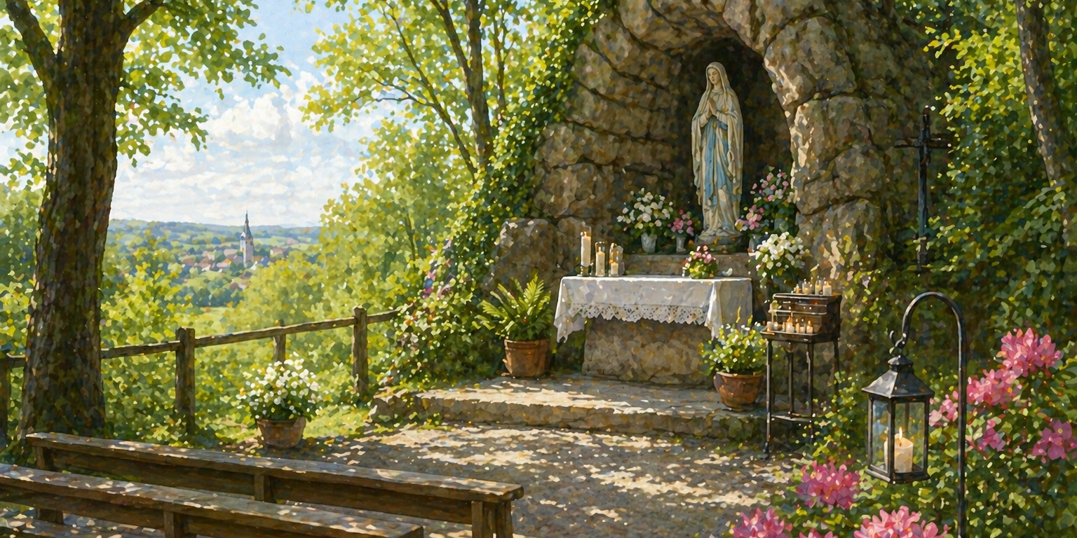 Ruhige, helle Illustration einer Mariengrotte im Grünen mit kleinem Altar, Kerzen und Blumen, umgeben von Bäumen und Sitzbänken, mit Blick auf eine Landschaft und eine Kirche in der Ferne, ohne Personen und ohne Text.