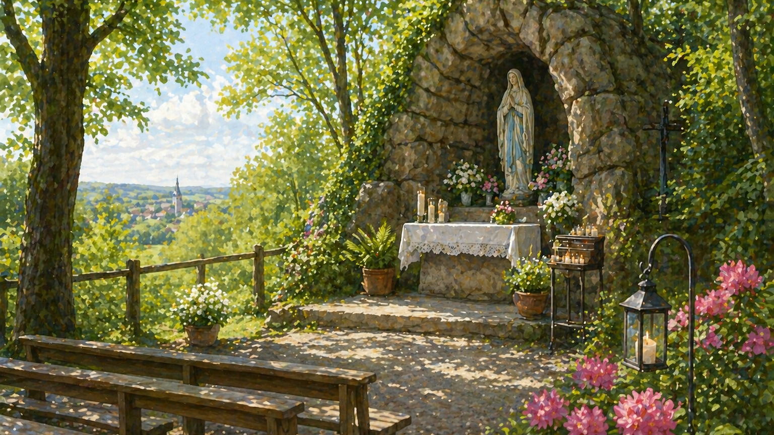 Ruhige, helle Illustration einer Mariengrotte im Grünen mit kleinem Altar, Kerzen und Blumen, umgeben von Bäumen und Sitzbänken, mit Blick auf eine Landschaft und eine Kirche in der Ferne, ohne Personen und ohne Text.