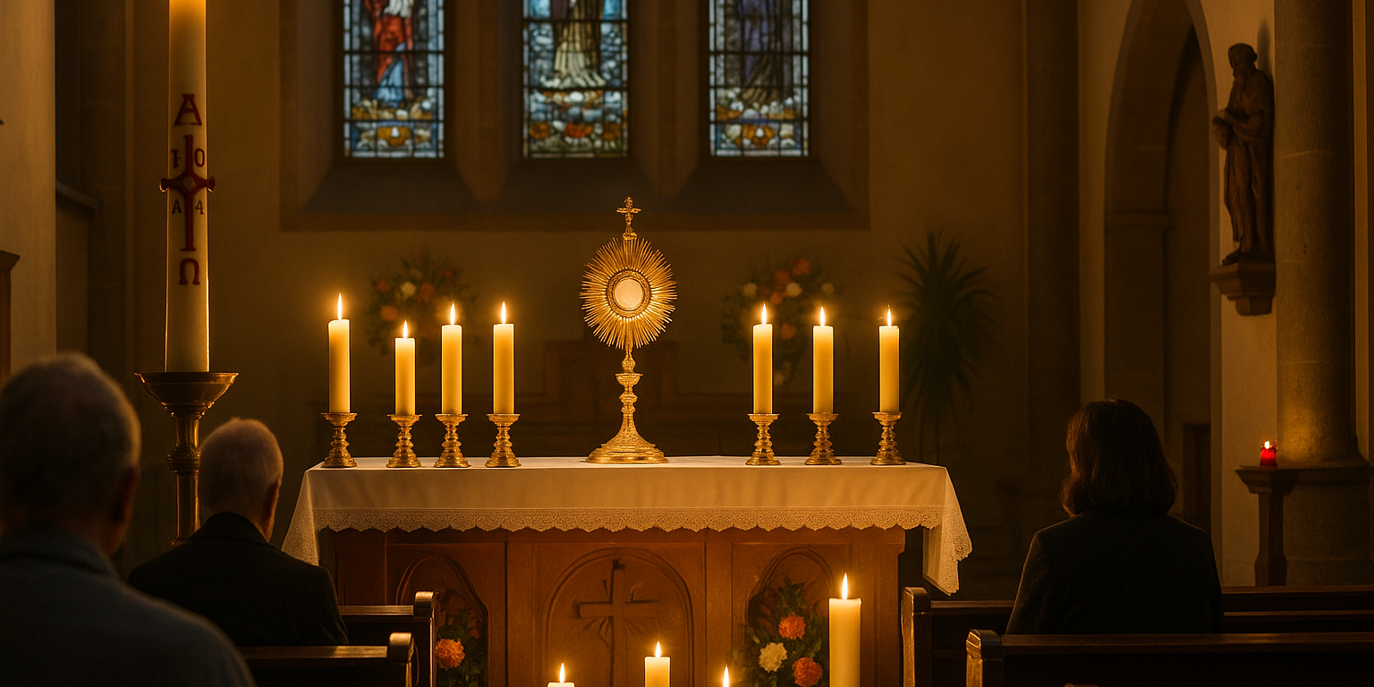 Im warmen Kerzenlicht erstrahlt der Altar einer katholischen Kirche während der eucharistischen Anbetung. In der Mitte steht die goldene Monstranz mit dem Allerheiligsten, umgeben von brennenden Kerzen. Im Hintergrund sind bunte Glasfenster mit Heiligenmotiven zu sehen, im Vordergrund beten Gläubige still in den Kirchenbänken.