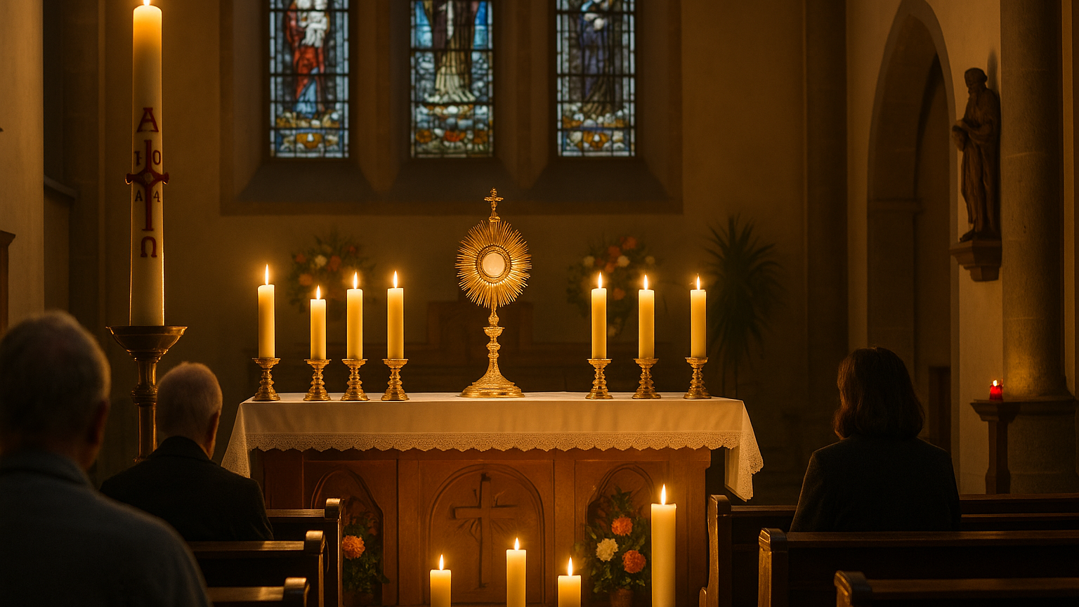 Im warmen Kerzenlicht erstrahlt der Altar einer katholischen Kirche während der eucharistischen Anbetung. In der Mitte steht die goldene Monstranz mit dem Allerheiligsten, umgeben von brennenden Kerzen. Im Hintergrund sind bunte Glasfenster mit Heiligenmotiven zu sehen, im Vordergrund beten Gläubige still in den Kirchenbänken.