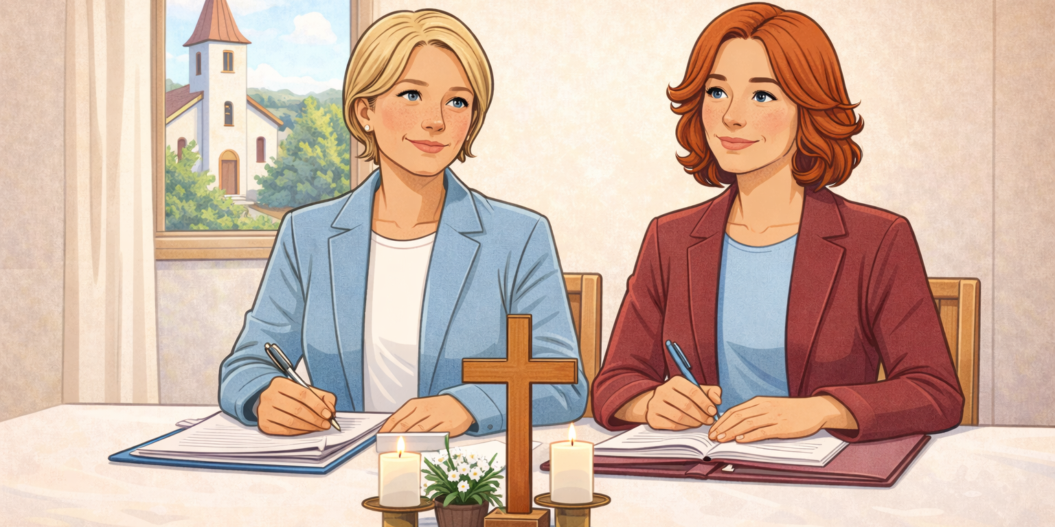 Freundliche Comic-Illustration mit seriösem Stil: Zwei Frauen sitzen an einem Tisch und arbeiten gemeinsam an Unterlagen. Auf dem Tisch stehen ein Holzkreuz und brennende Kerzen als christliche Symbole. Im Hintergrund ist durch ein Fenster eine Kirche zu sehen. Die Szene wirkt ruhig, wertschätzend und passend für eine Einladung zu einer kirchlichen Jahreshauptversammlung.