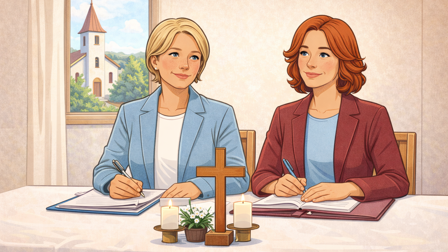 Freundliche Comic-Illustration mit seriösem Stil: Zwei Frauen sitzen an einem Tisch und arbeiten gemeinsam an Unterlagen. Auf dem Tisch stehen ein Holzkreuz und brennende Kerzen als christliche Symbole. Im Hintergrund ist durch ein Fenster eine Kirche zu sehen. Die Szene wirkt ruhig, wertschätzend und passend für eine Einladung zu einer kirchlichen Jahreshauptversammlung.