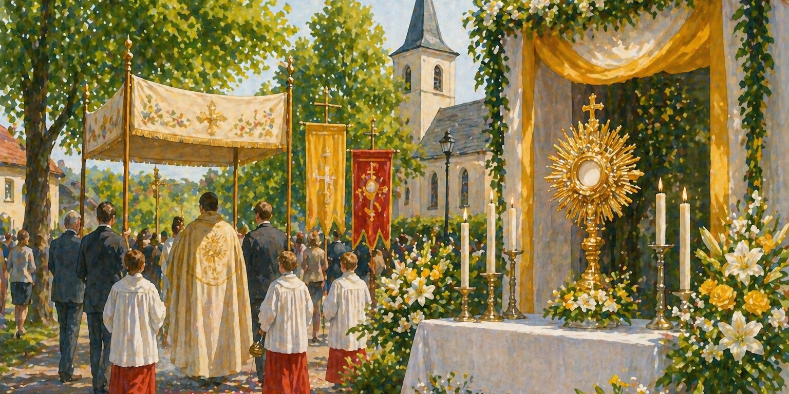 Helle, festliche Illustration einer Fronleichnamsprozession im Freien mit geschmücktem Altar, Kerzen und Blumen sowie einer Kirche im Hintergrund, in einer sommerlichen Landschaft, ohne lesbaren Text.