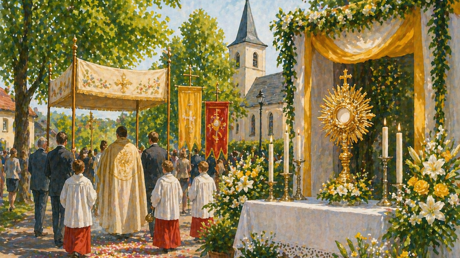 Helle, festliche Illustration einer Fronleichnamsprozession im Freien mit geschmücktem Altar, Kerzen und Blumen sowie einer Kirche im Hintergrund, in einer sommerlichen Landschaft, ohne lesbaren Text.
