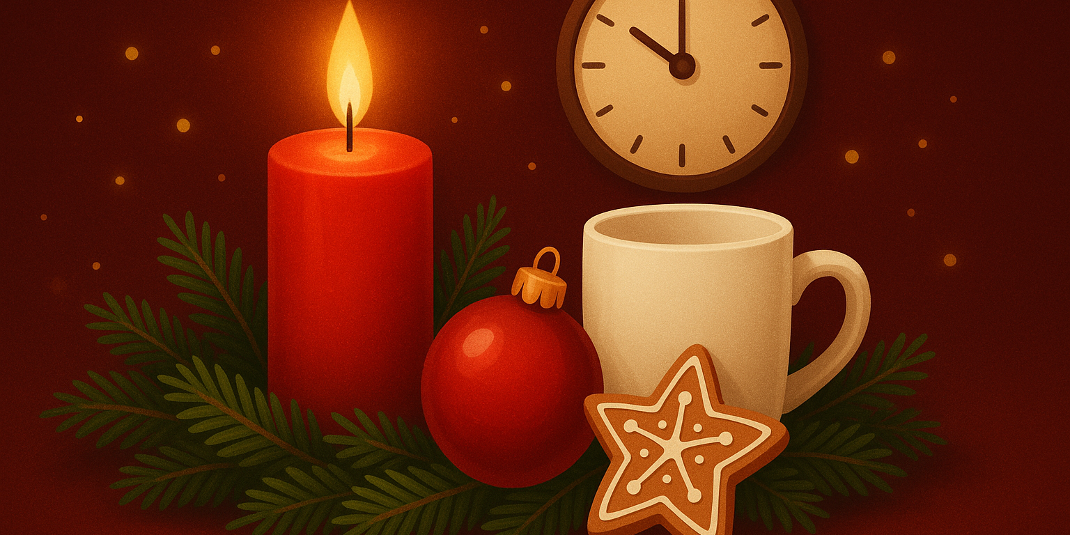 Stimmungsvolle Advents-Illustration: Eine brennende rote Kerze mit Tannenzweigen, Kugel und Lebkuchenstern steht neben einer hellen Tasse, dahinter zeigt eine schlichte Wanduhr die Zeit, als Symbol für Früh- und Spätschicht, vor warmem dunkelrotem Hintergrund mit goldenen Lichtpunkten