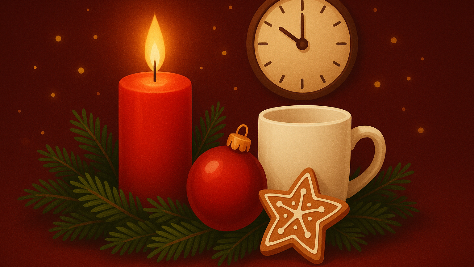 Stimmungsvolle Advents-Illustration: Eine brennende rote Kerze mit Tannenzweigen, Kugel und Lebkuchenstern steht neben einer hellen Tasse, dahinter zeigt eine schlichte Wanduhr die Zeit, als Symbol für Früh- und Spätschicht, vor warmem dunkelrotem Hintergrund mit goldenen Lichtpunkten