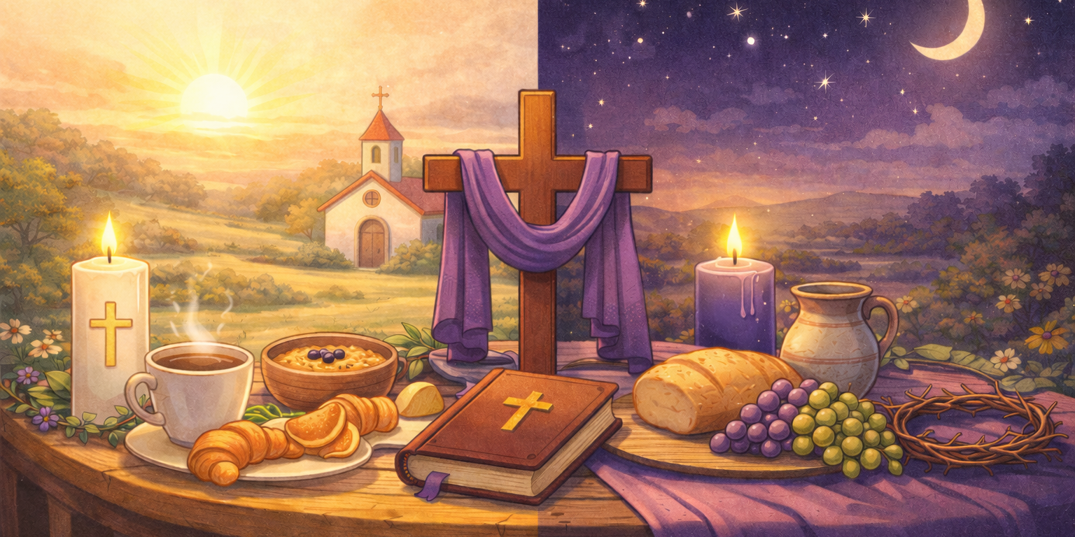 Illustration im ruhigen Comic-Stil mit Symbolen der Fastenzeit: In der Bildmitte steht ein Holzkreuz mit violettem Tuch. Die Szene ist zweigeteilt – links ein heller Morgen mit Kirche, Kerze und Frühstückselementen wie Kaffee und Gebäck, rechts eine Abendstimmung mit Kerzenlicht, Brot, Trauben und Dornenkrone (c) Pfarrei Saarwellingen St. Josef Illustration im ruhigen Comic-Stil mit Symbolen der Fastenzeit: In der Bildmitte steht ein Holzkreuz mit violettem Tuch. Die Szene ist zweigeteilt – links ein heller Morgen mit Kirche, Kerze und Frühstückselementen wie Kaffee und Gebäck, rechts eine Abendstimmung mit Kerzenlicht, Brot, Trauben und Dornenkrone