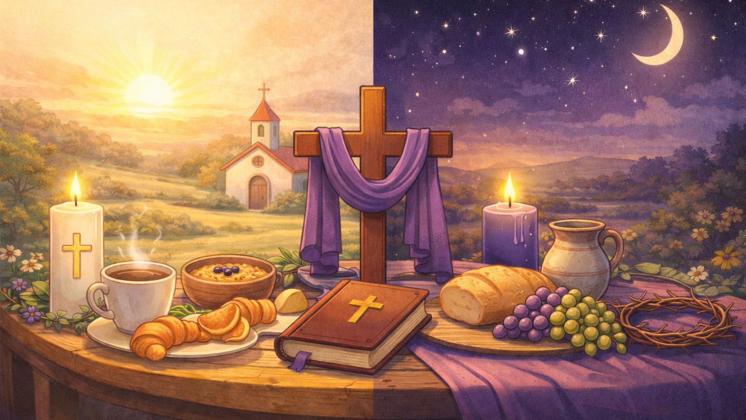 Illustration im ruhigen Comic-Stil mit Symbolen der Fastenzeit: In der Bildmitte steht ein Holzkreuz mit violettem Tuch. Die Szene ist zweigeteilt – links ein heller Morgen mit Kirche, Kerze und Frühstückselementen wie Kaffee und Gebäck, rechts eine Abendstimmung mit Kerzenlicht, Brot, Trauben und Dornenkrone