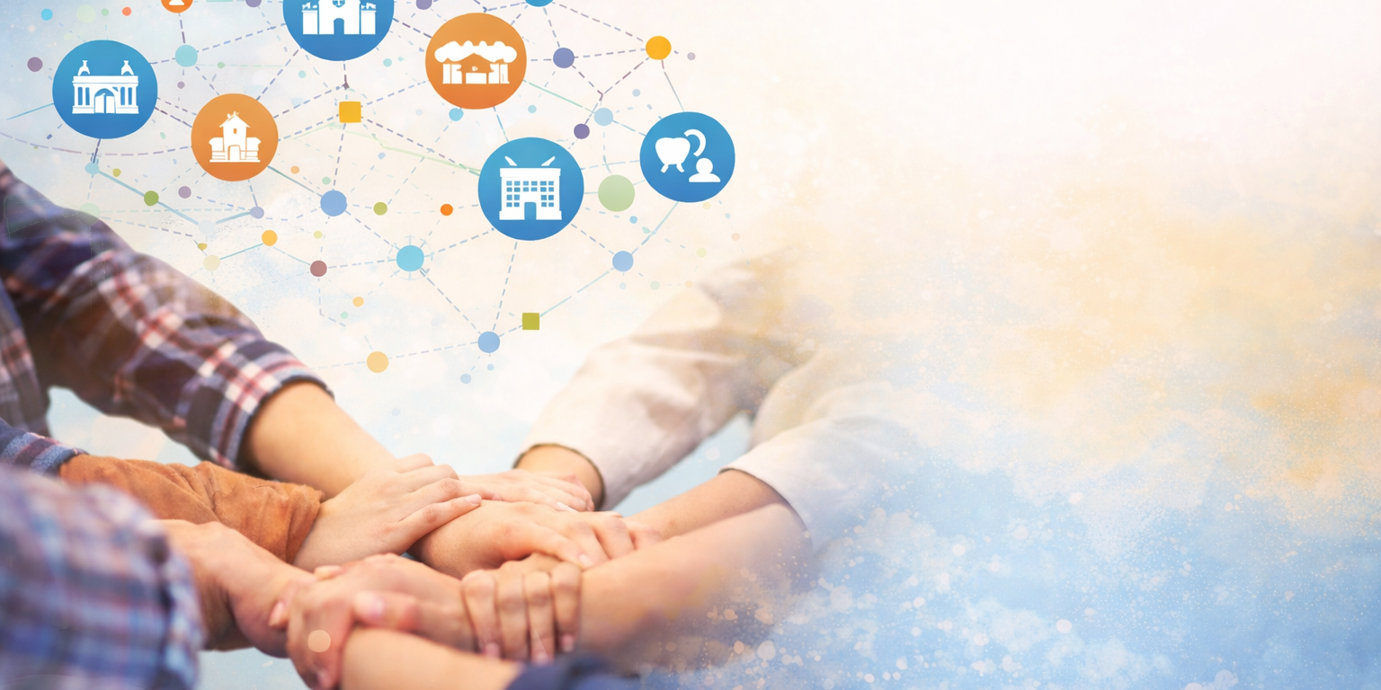 Mehrere Menschen legen ihre Hände übereinander und bilden einen Kreis als Zeichen von Gemeinschaft und Zusammenarbeit. Darüber sind grafische Symbole für Kirche, Bildung, soziale Einrichtungen und Austausch miteinander vernetzt dargestellt. Das Bild vermittelt Zusammenhalt, Vernetzung und gemeinsames Engagement. (c) Pfarrei Saarwellingen St. Josef Mehrere Menschen legen ihre Hände übereinander und bilden einen Kreis als Zeichen von Gemeinschaft und Zusammenarbeit. Darüber sind grafische Symbole für Kirche, Bildung, soziale Einrichtungen und Austausch miteinander vernetzt dargestellt. Das Bild vermittelt Zusammenhalt, Vernetzung und gemeinsames Engagement.