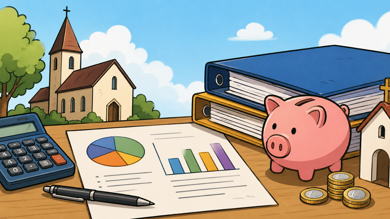Comic-Illustration eines kirchlichen Haushaltsplans mit Kirche, Ordnern, Diagrammen, Taschenrechner, Stift, Münzen und Sparschwein auf einem Tisch.