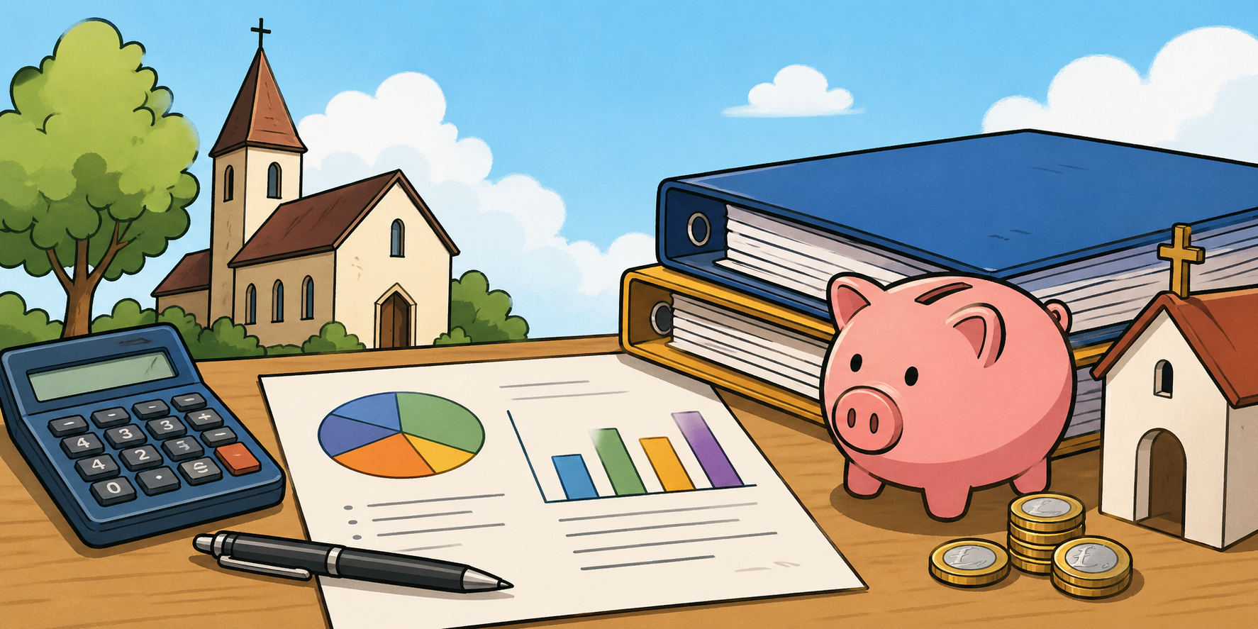 Comic-Illustration eines kirchlichen Haushaltsplans mit Kirche, Ordnern, Diagrammen, Taschenrechner, Stift, Münzen und Sparschwein auf einem Tisch.