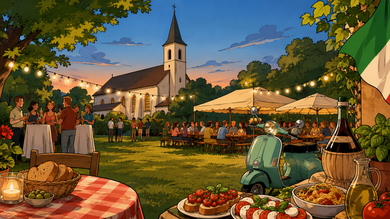Comicartige Abendstimmung auf einer großen Pfarrwiese mit italienischem Flair. Vor einer beleuchteten Kirche sitzen und stehen Menschen gemütlich an langen Tischen und Stehtischen. Lichterketten hängen zwischen den Bäumen, ein italienischer Roller steht neben Tischen mit Pasta, Brot, Tomaten und Olivenöl. Im Hintergrund färbt sich der Himmel orange-blau zum Sonnenuntergang.