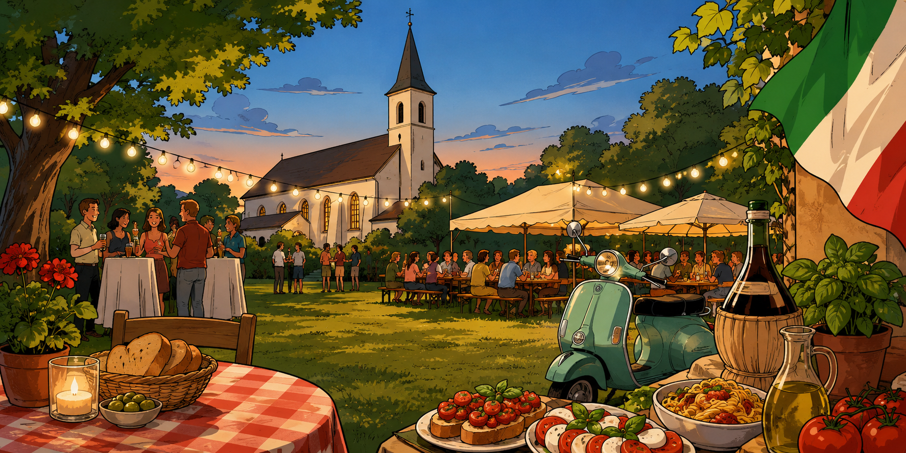 Comicartige Abendstimmung auf einer großen Pfarrwiese mit italienischem Flair. Vor einer beleuchteten Kirche sitzen und stehen Menschen gemütlich an langen Tischen und Stehtischen. Lichterketten hängen zwischen den Bäumen, ein italienischer Roller steht neben Tischen mit Pasta, Brot, Tomaten und Olivenöl. Im Hintergrund färbt sich der Himmel orange-blau zum Sonnenuntergang. (c) Pfarrei Saarwellingen St. Josef Comicartige Abendstimmung auf einer großen Pfarrwiese mit italienischem Flair. Vor einer beleuchteten Kirche sitzen und stehen Menschen gemütlich an langen Tischen und Stehtischen. Lichterketten hängen zwischen den Bäumen, ein italienischer Roller steht neben Tischen mit Pasta, Brot, Tomaten und Olivenöl. Im Hintergrund färbt sich der Himmel orange-blau zum Sonnenuntergang.