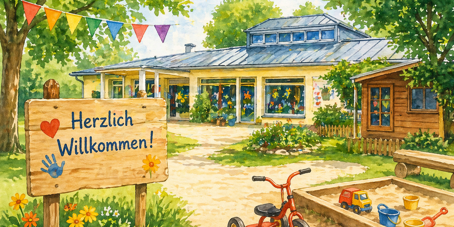 Freundliche, helle Illustration einer Kindertagesstätte mit Garten, Spielbereich und bunten Dekorationen, umgeben von Bäumen und Blumen, ohne Personen und ohne lesbaren Text.