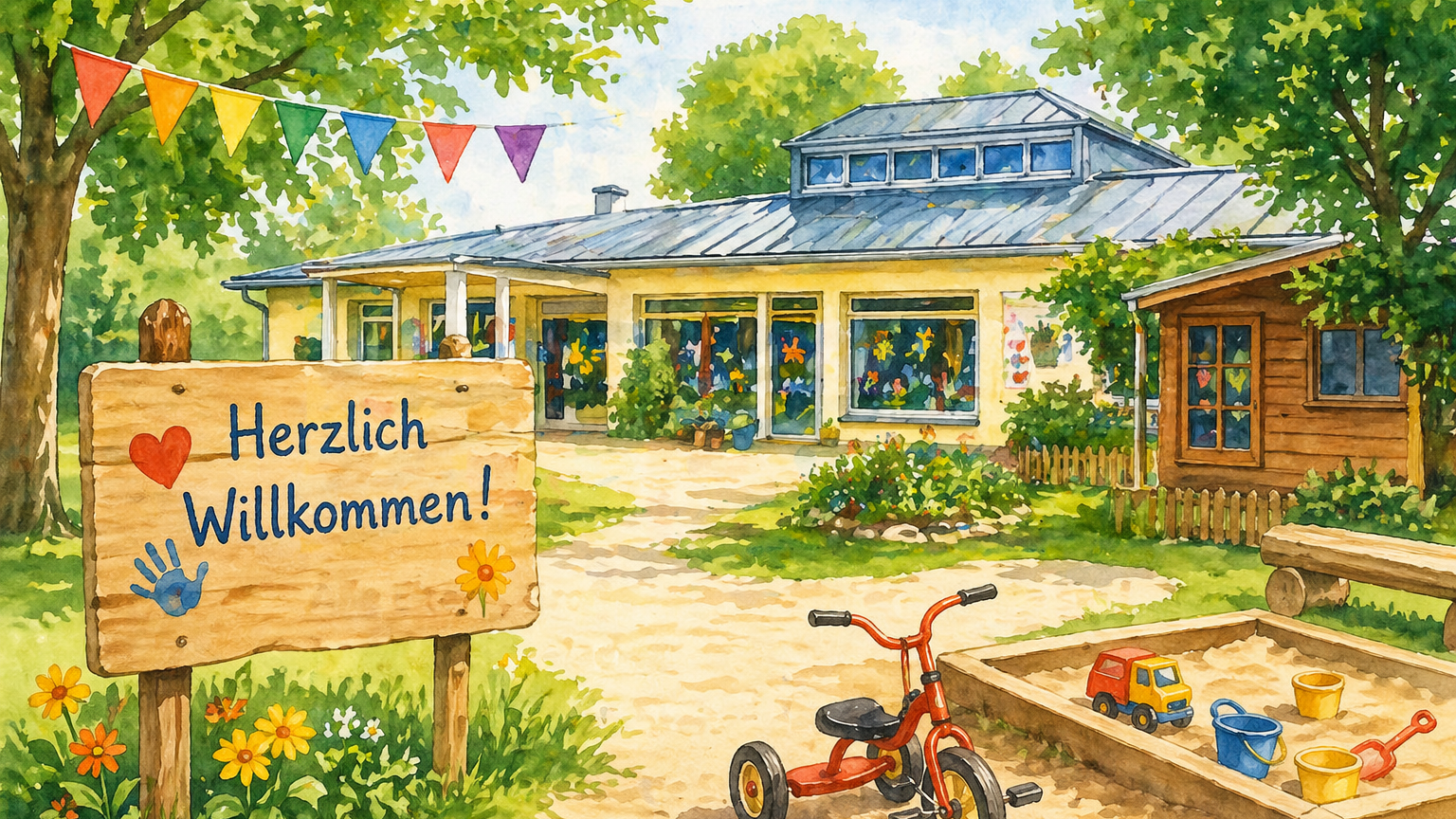 Freundliche, helle Illustration einer Kindertagesstätte mit Garten, Spielbereich und bunten Dekorationen, umgeben von Bäumen und Blumen, ohne Personen und ohne lesbaren Text.