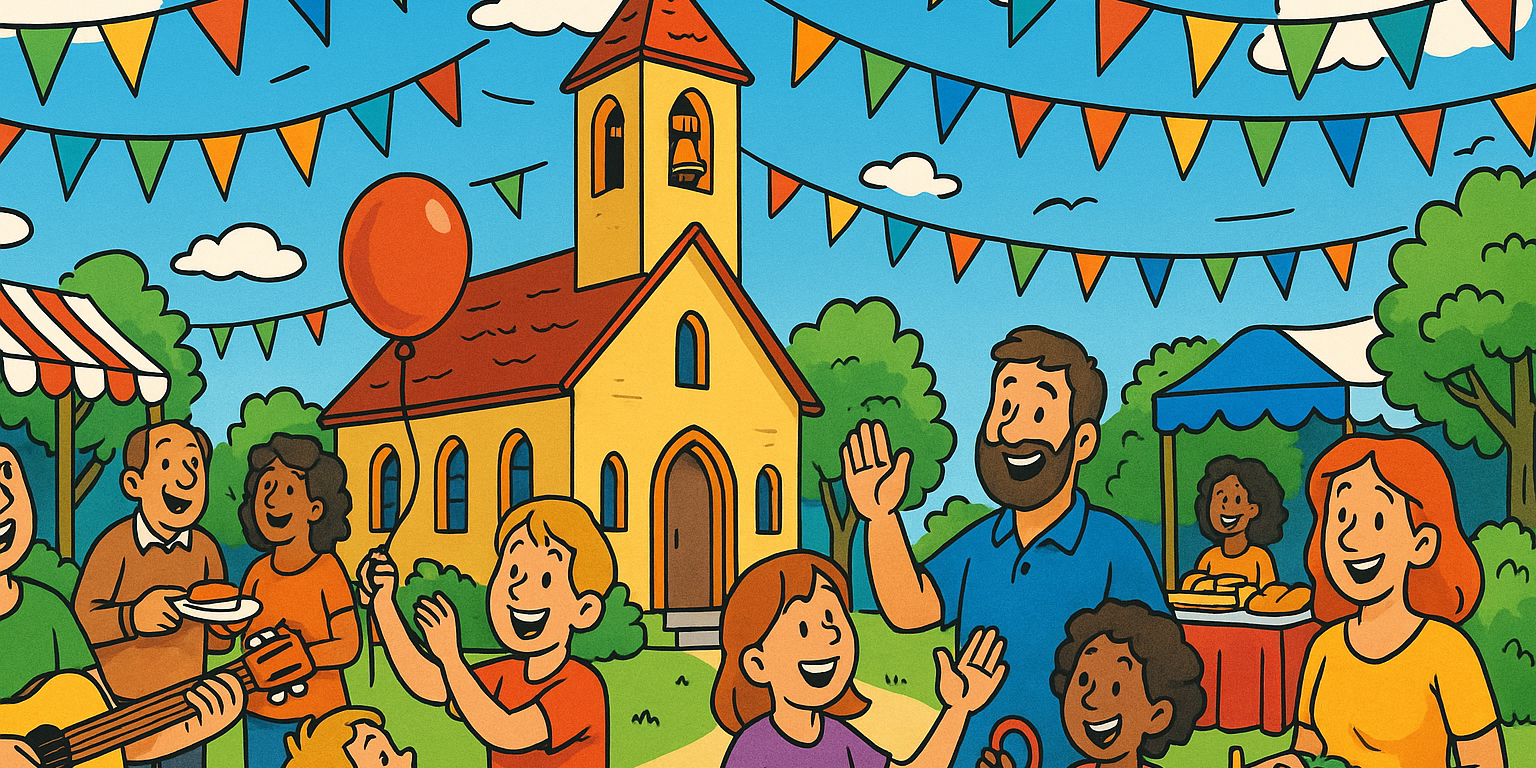 Comicartige, farbenfrohe Szene eines Kirchenfests bei sonnigem Wetter: Eine kleine gelbe Kirche mit rotem Dach steht im Hintergrund, darüber hängen bunte Wimpel. Im Vordergrund feiern fröhliche Menschen – Erwachsene und Kinder essen, spielen, lachen und halten Luftballons. Ein Musiker spielt Gitarre, Tische mit Essen und Spielen stehen im Garten der Kirche.