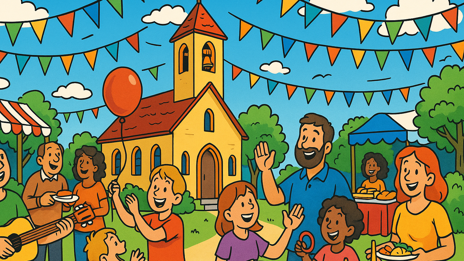 Comicartige, farbenfrohe Szene eines Kirchenfests bei sonnigem Wetter: Eine kleine gelbe Kirche mit rotem Dach steht im Hintergrund, darüber hängen bunte Wimpel. Im Vordergrund feiern fröhliche Menschen – Erwachsene und Kinder essen, spielen, lachen und halten Luftballons. Ein Musiker spielt Gitarre, Tische mit Essen und Spielen stehen im Garten der Kirche.