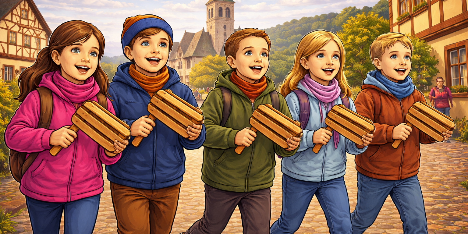 Mehrere Kinder ziehen mit hölzernen Kläppern durch ein Dorf. Mädchen und Jungen laufen gemeinsam über eine Straße vor einer Kirche und Häusern und führen die traditionelle Kläpperaktion in fröhlicher Atmosphäre durch