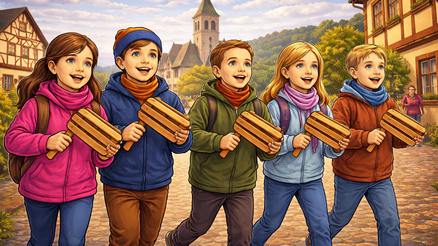 Mehrere Kinder ziehen mit hölzernen Kläppern durch ein Dorf. Mädchen und Jungen laufen gemeinsam über eine Straße vor einer Kirche und Häusern und führen die traditionelle Kläpperaktion in fröhlicher Atmosphäre durch