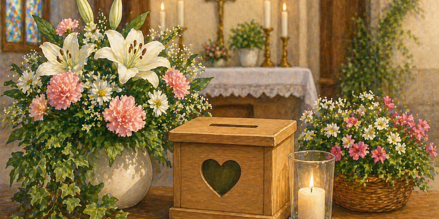 Warme Illustration eines Kircheninnenraums mit Blumengestecken, Kerzen und einer schlichten Spendenbox auf einem Tisch vor dem Altar, stimmungsvoll beleuchtet, ohne Personen und ohne Text.