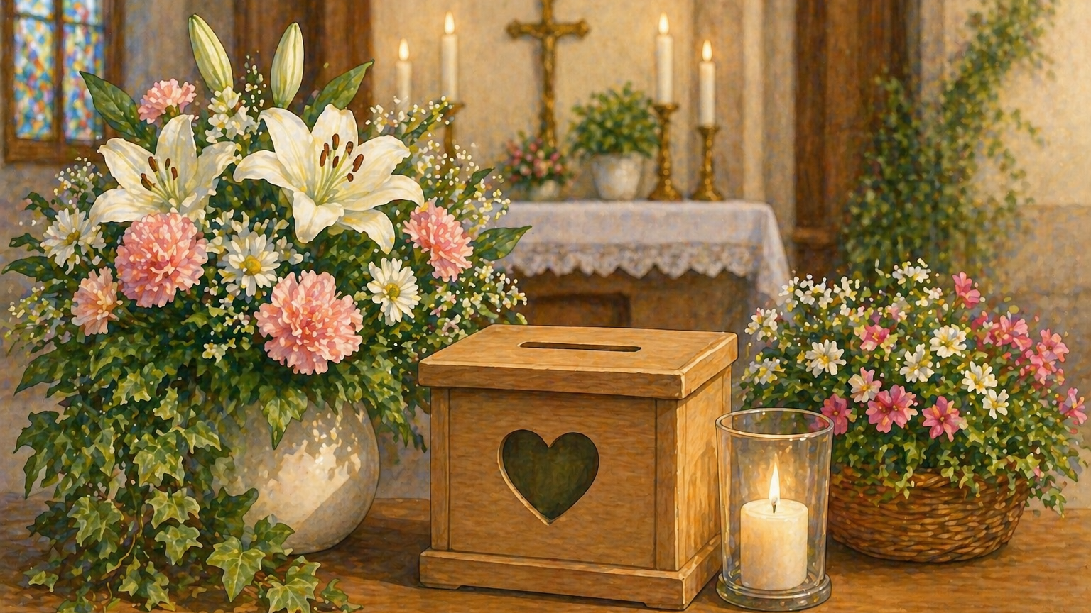 Warme Illustration eines Kircheninnenraums mit Blumengestecken, Kerzen und einer schlichten Spendenbox auf einem Tisch vor dem Altar, stimmungsvoll beleuchtet, ohne Personen und ohne Text.