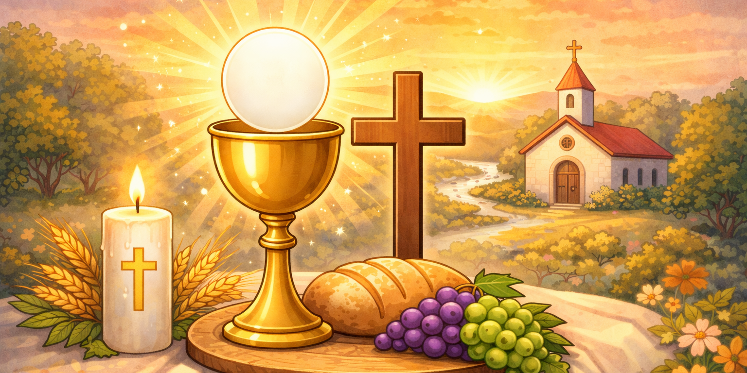 Seriöse, ruhige Illustration im warmen Comic-Stil: Ein goldener Kelch mit Hostie steht im Mittelpunkt, daneben ein Kreuz, eine brennende Kerze sowie Brot, Trauben und Ähren als Symbole der Eucharistie. Im Hintergrund eine kleine Kirche in einer sanften Landschaft bei Sonnenuntergang. Die Darstellung wirkt würdevoll, katholisch geprägt und eignet sich für eine Einladung zur heiligen Kommunion.