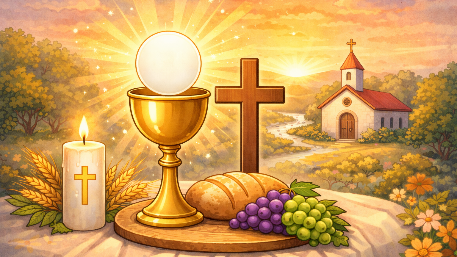 Seriöse, ruhige Illustration im warmen Comic-Stil: Ein goldener Kelch mit Hostie steht im Mittelpunkt, daneben ein Kreuz, eine brennende Kerze sowie Brot, Trauben und Ähren als Symbole der Eucharistie. Im Hintergrund eine kleine Kirche in einer sanften Landschaft bei Sonnenuntergang. Die Darstellung wirkt würdevoll, katholisch geprägt und eignet sich für eine Einladung zur heiligen Kommunion.