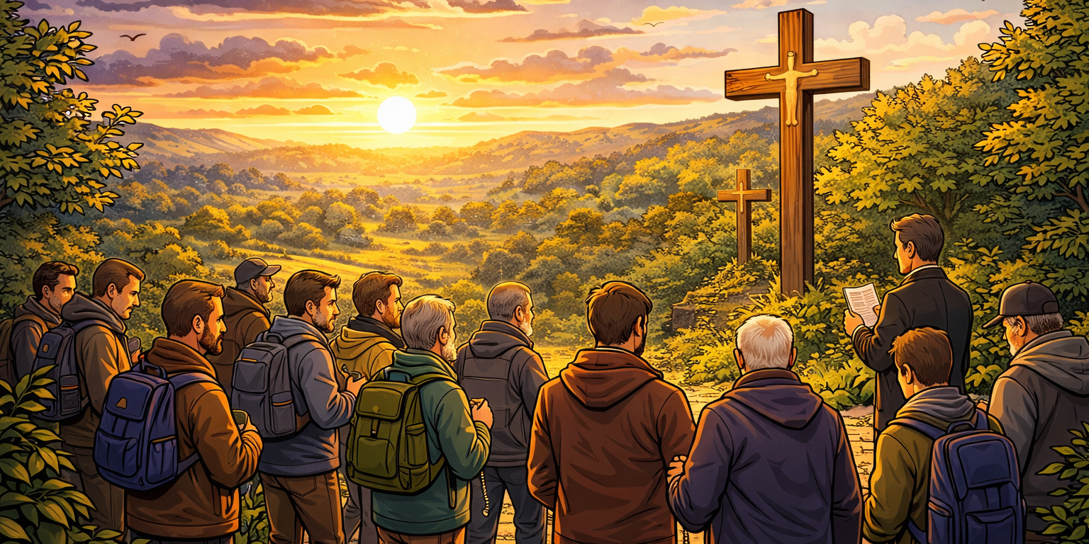 Männerkreuzweg am Karfreitag: Eine Gruppe von Männern versammelt sich an kleinen Wegkreuzen in der Natur. Ein Leiter liest Gebete vor, während die Teilnehmer still stehen, Rosenkränze halten und gemeinsam beten. Im Hintergrund liegt eine ruhige Landschaft im Abendlicht.