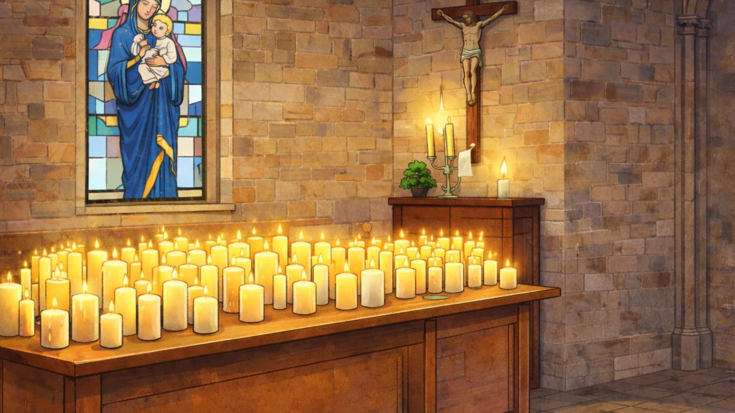 Comicartige Illustration eines stillen Kircheninnenraums. Auf einem Holztisch stehen zahlreiche brennende Kerzen, deren warmes Licht den Raum erhellt. Im Hintergrund sind eine steinerne Kirchenwand, ein Kreuz mit Christusdarstellung sowie ein farbiges Glasfenster mit Maria und dem Jesuskind zu sehen. Die Szene vermittelt Ruhe, Licht und eine feierliche Atmosphäre.