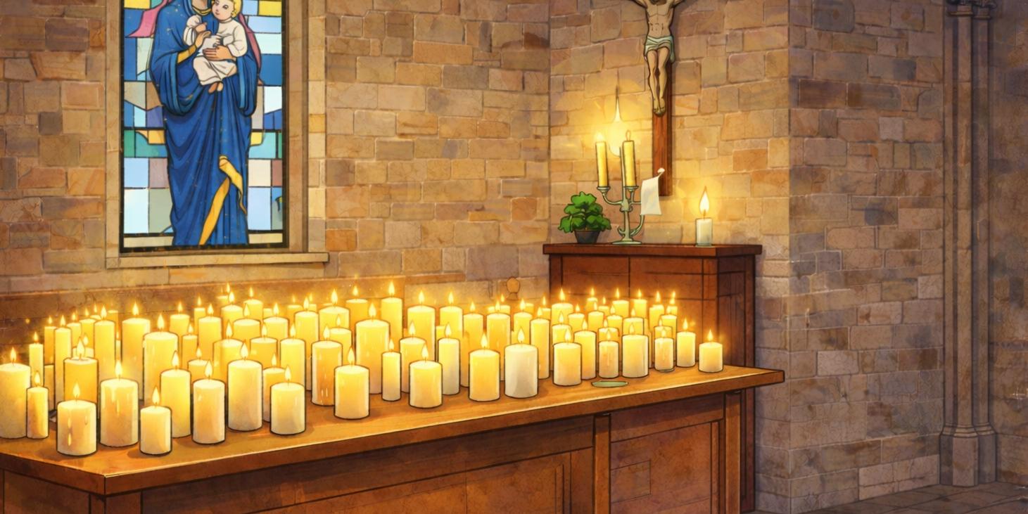 Comicartige Illustration eines stillen Kircheninnenraums. Auf einem Holztisch stehen zahlreiche brennende Kerzen, deren warmes Licht den Raum erhellt. Im Hintergrund sind eine steinerne Kirchenwand, ein Kreuz mit Christusdarstellung sowie ein farbiges Glasfenster mit Maria und dem Jesuskind zu sehen. Die Szene vermittelt Ruhe, Licht und eine feierliche Atmosphäre.