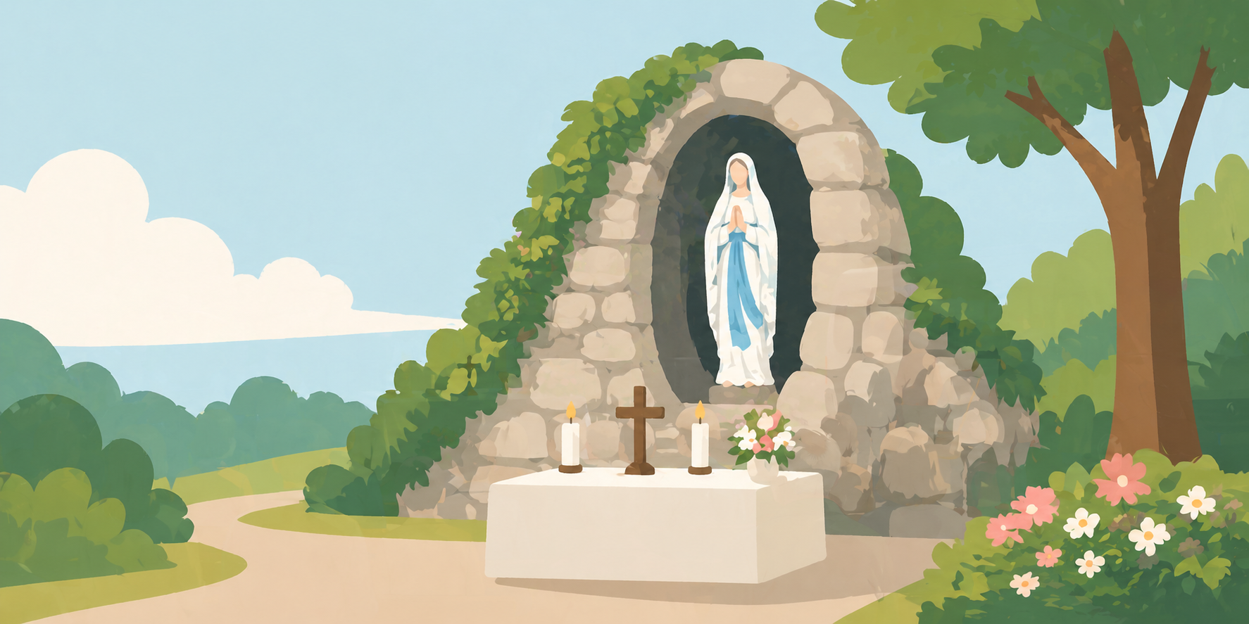 Minimalistische Illustration einer Mariengrotte in einer ruhigen Landschaft. In einer steinernen Nische steht eine Marienstatue, davor ein schlichter Altar mit Kerzen und Kreuz. Umgeben von Bäumen, Blumen und sanften Hügeln wirkt die Szene ruhig und andächtig.