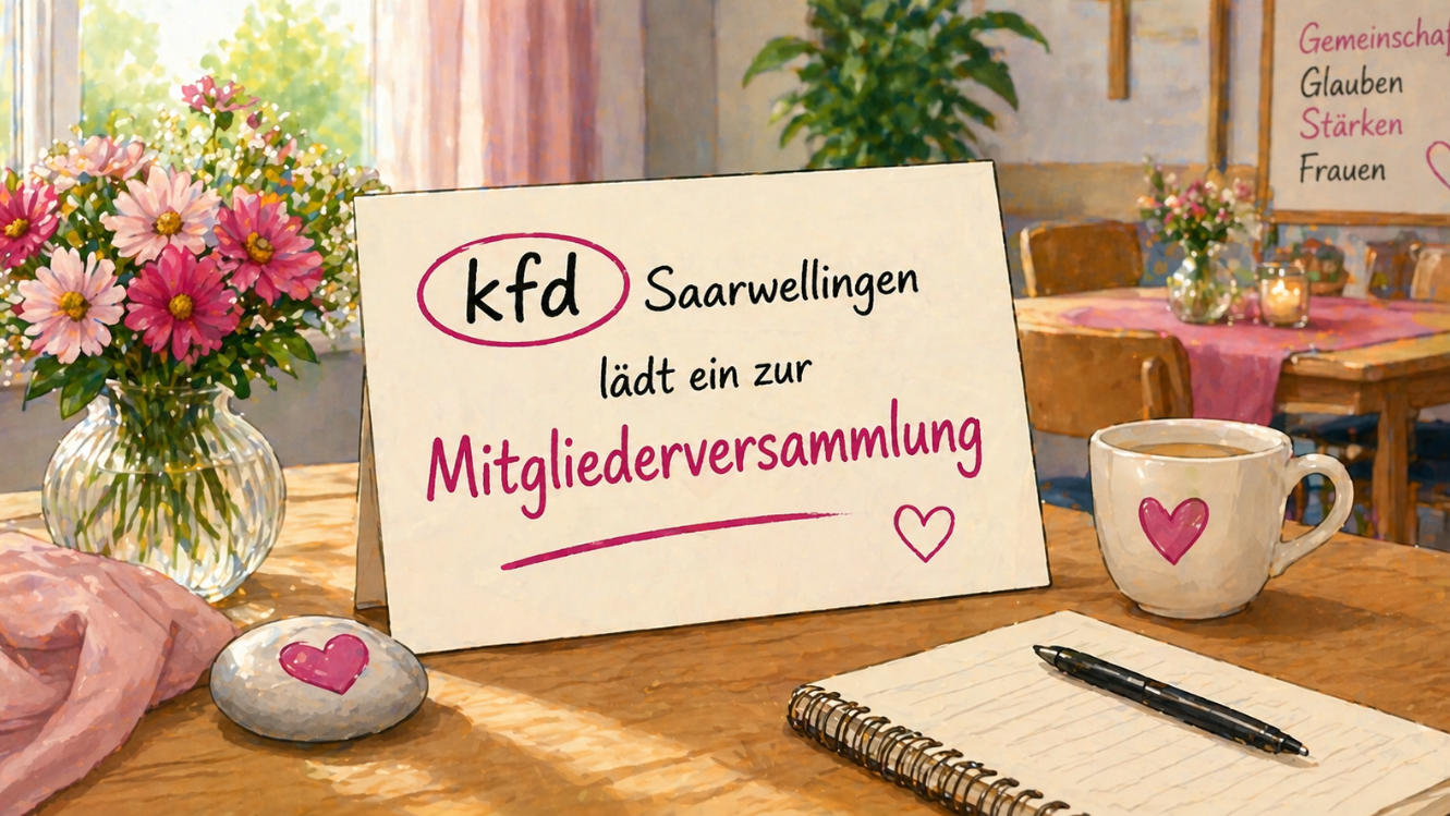 Gemütliche Comic-Illustration eines gedeckten Tisches mit Blumen, Notizbuch und Kaffeetasse in einem freundlichen Raum, der eine bevorstehende Versammlung andeutet, ohne Personen und ohne lesbaren Text im Bild.