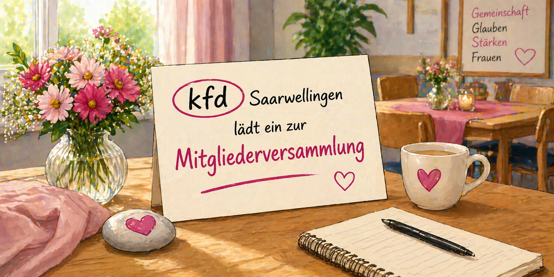 Gemütliche Comic-Illustration eines gedeckten Tisches mit Blumen, Notizbuch und Kaffeetasse in einem freundlichen Raum, der eine bevorstehende Versammlung andeutet, ohne Personen und ohne lesbaren Text im Bild.