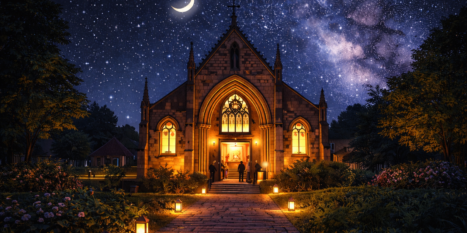 Comicartige Illustration einer Kirche bei Nacht: Eine beleuchtete Kirche steht am Ende eines gepflasterten Weges, der von kleinen Laternen gesäumt ist. Warme Lichtstrahlen kommen aus dem offenen Eingangsportal. Über der Kirche spannt sich ein sternklarer Himmel mit Mond, umgeben von Bäumen und Gärten. Die Szene wirkt einladend und ruhig.